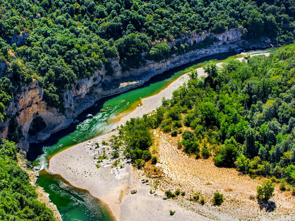 Wild beach accessible only by canoe in the Gorges de l'Ardèche, 24 km route